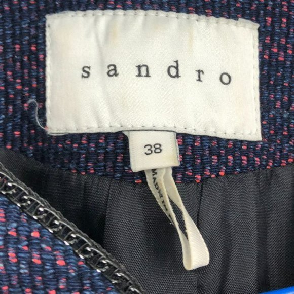 Sandro Valentin Blue and Red Tweed Blazer Jacket leather  shoulder chain details - Picture 5 of 16